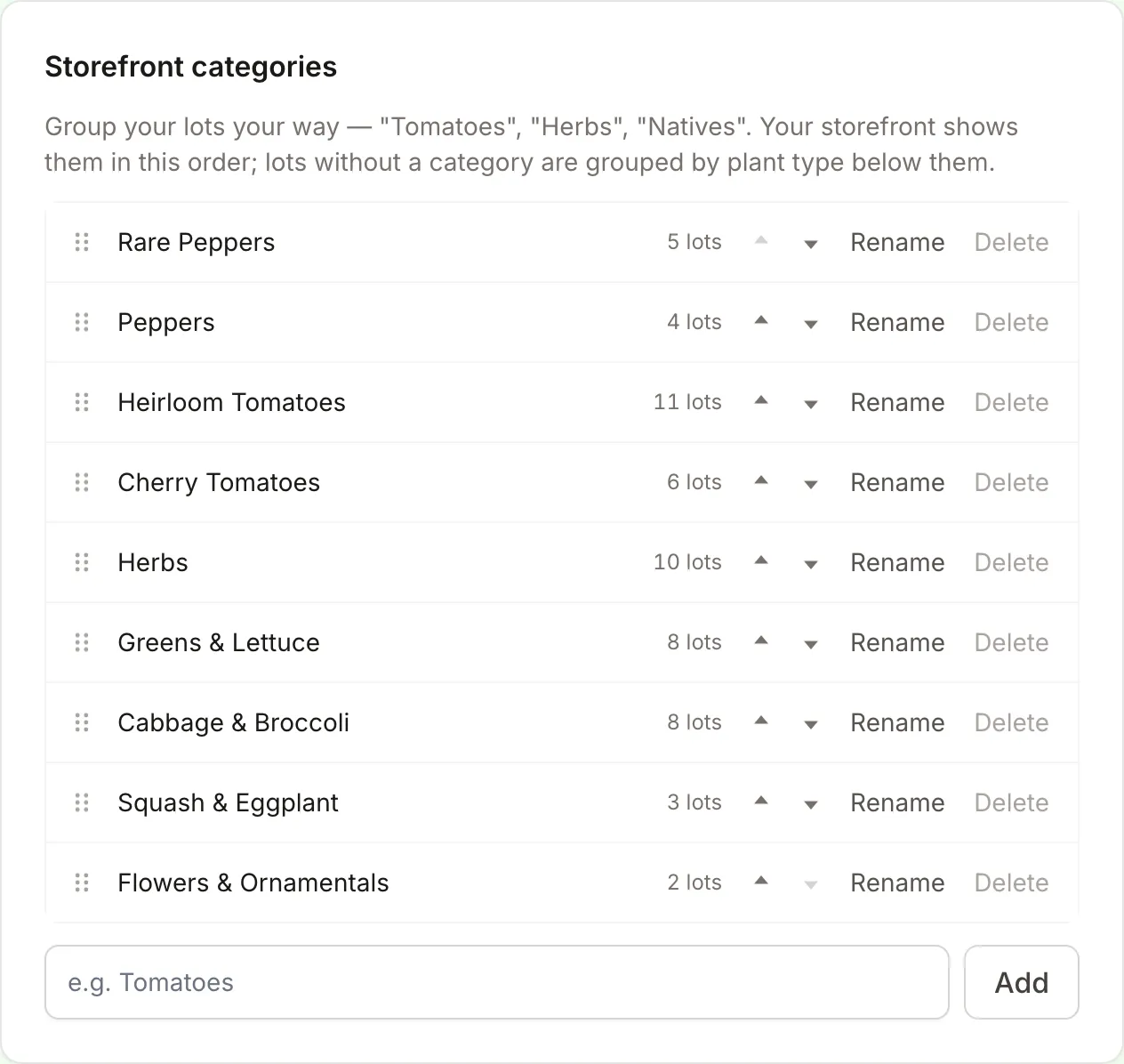 Storefront categories settings listing nine categories with lot counts, drag handles, up and down arrows, Rename and Delete buttons, and an Add box.