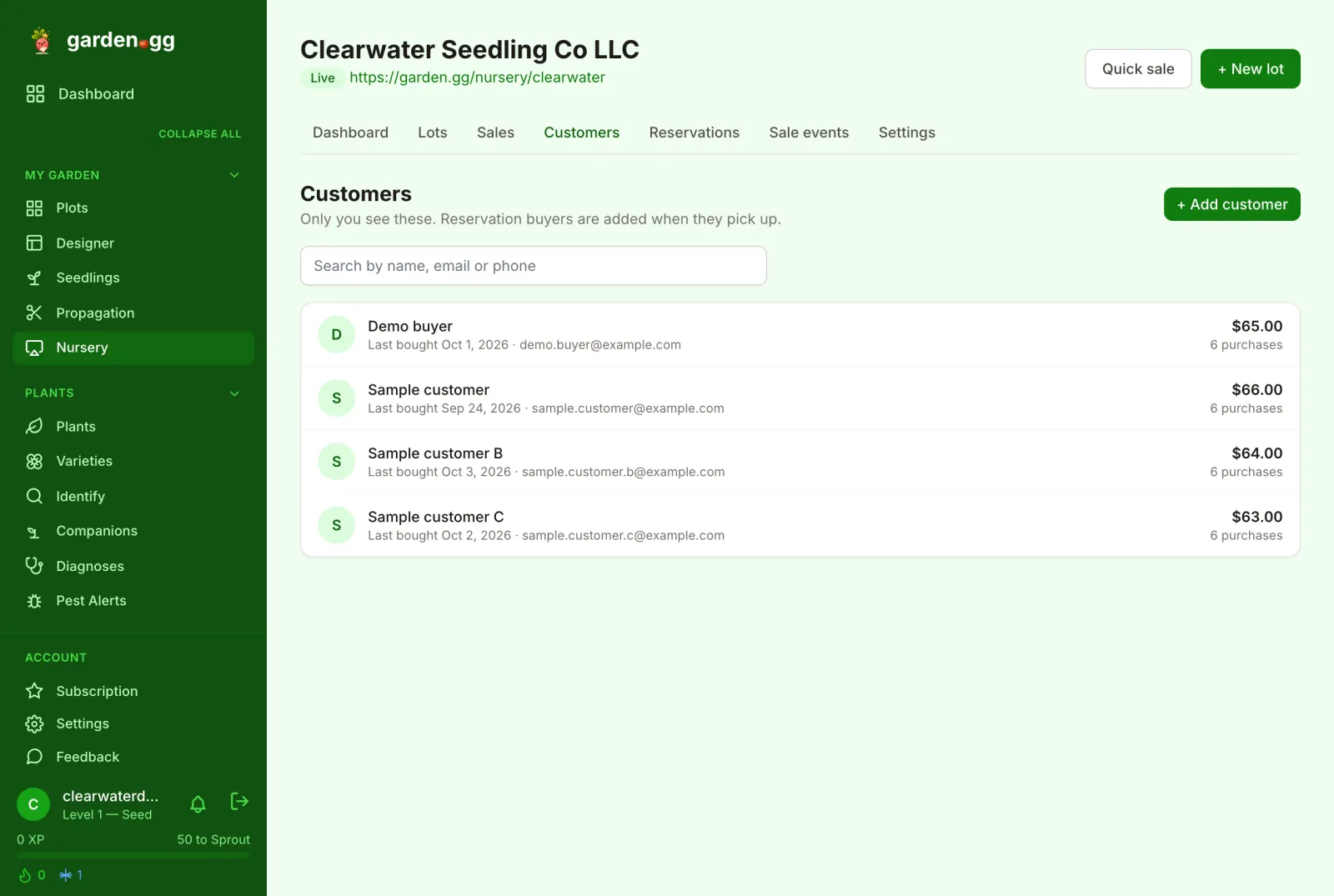 Customers list with a search box, an Add customer button, and sample customers showing last purchase date, email, total spent and purchase count.