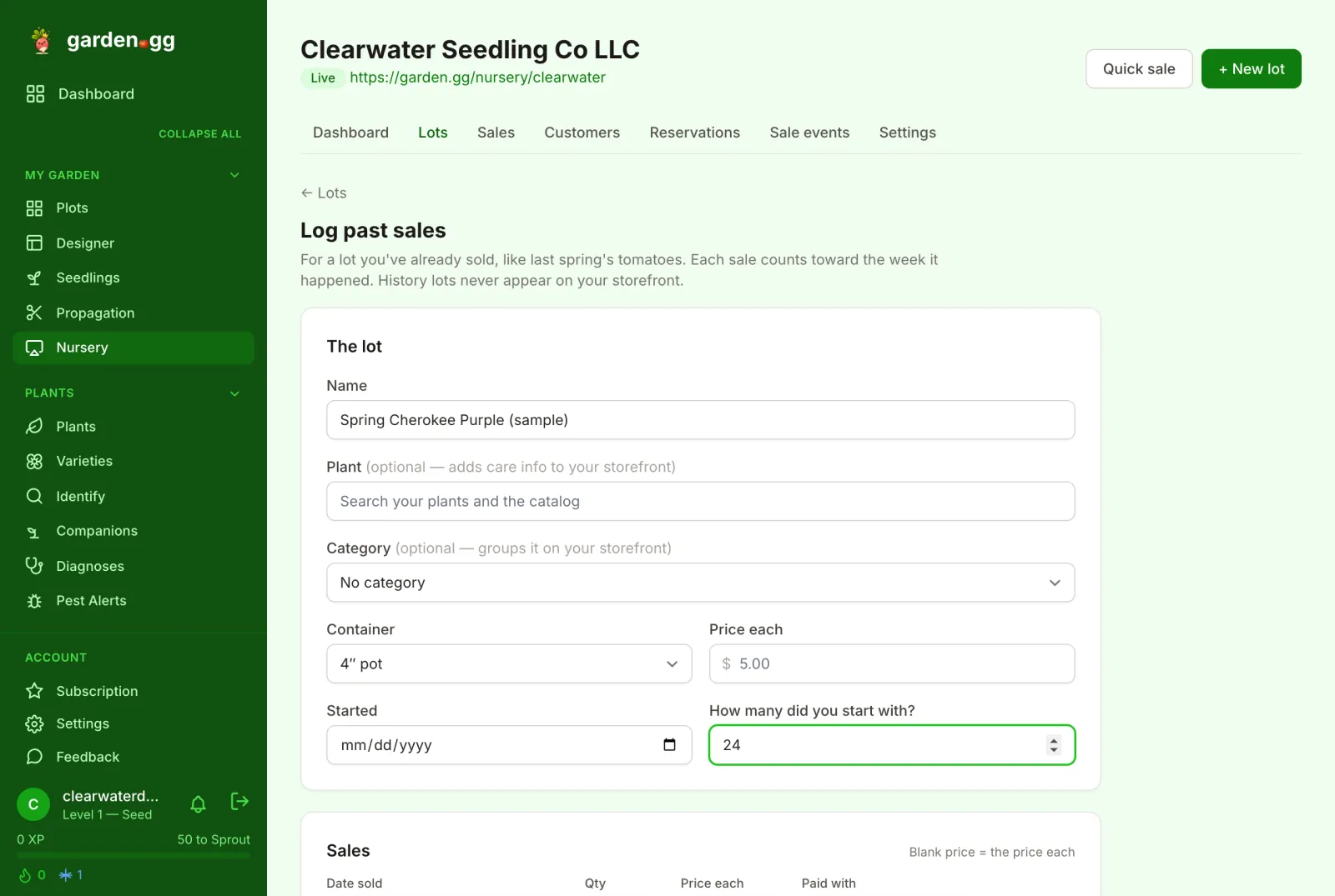Log past sales form with fields for the lot name, plant, category, container, price each, start date and how many plants you started with.
