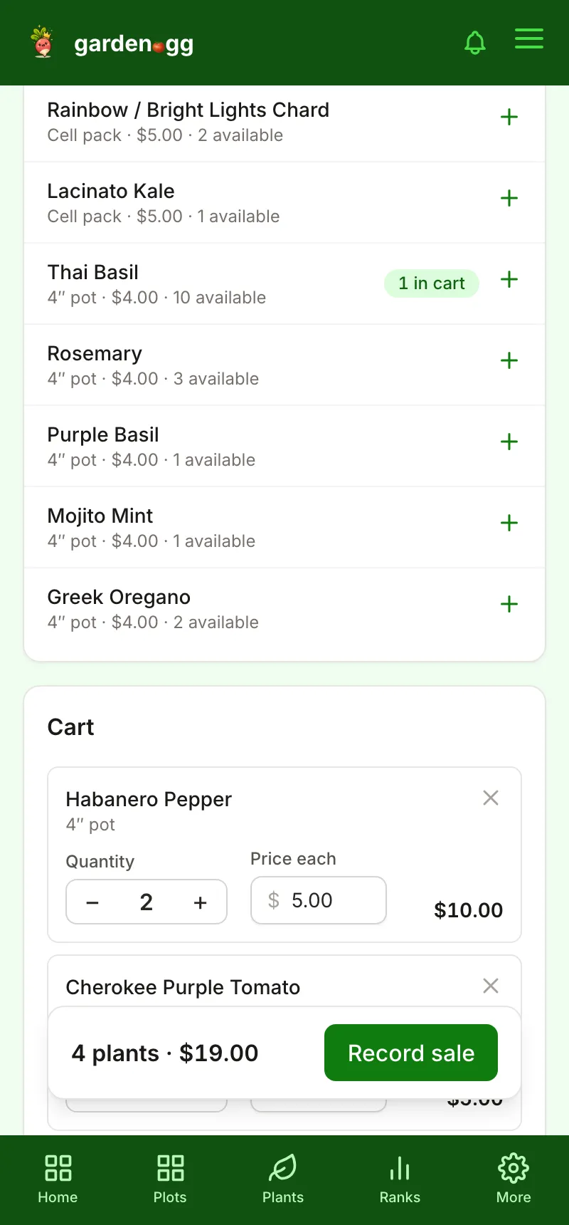 Quick sale cart on a phone: lots with an add button, a cart with Habanero Pepper and Cherokee Purple Tomato, and a sticky bar reading 4 plants, $19.00, Record sale.