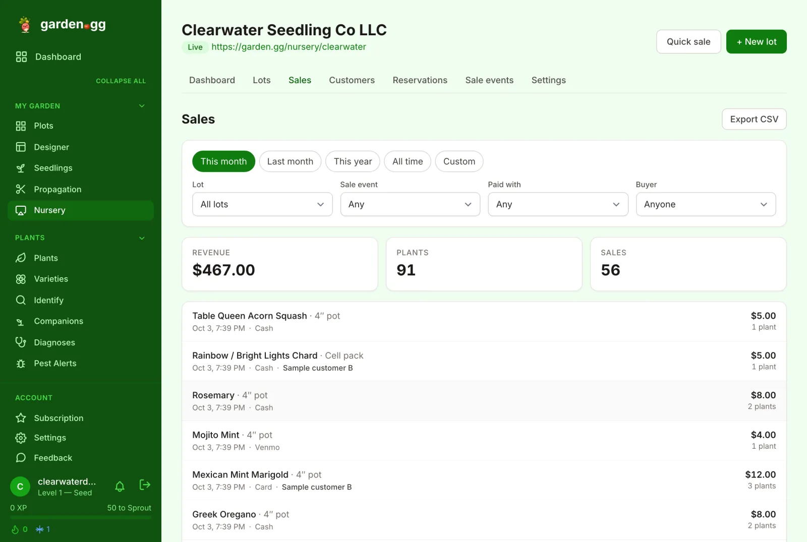 Sales page with date range chips, Lot, Sale event, Paid with and Buyer filters, revenue, plants and sales totals, an Export CSV button, and a list of individual sales.