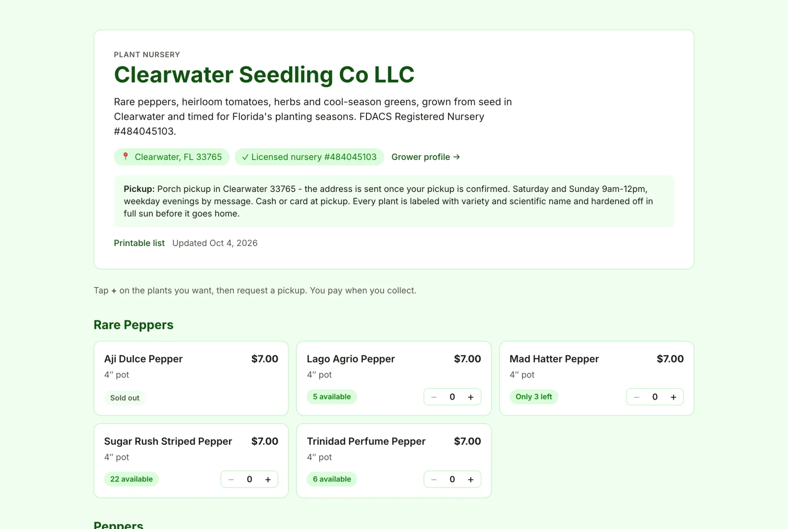 A live garden.gg nursery availability page with plants grouped by category, prices and availability badges.