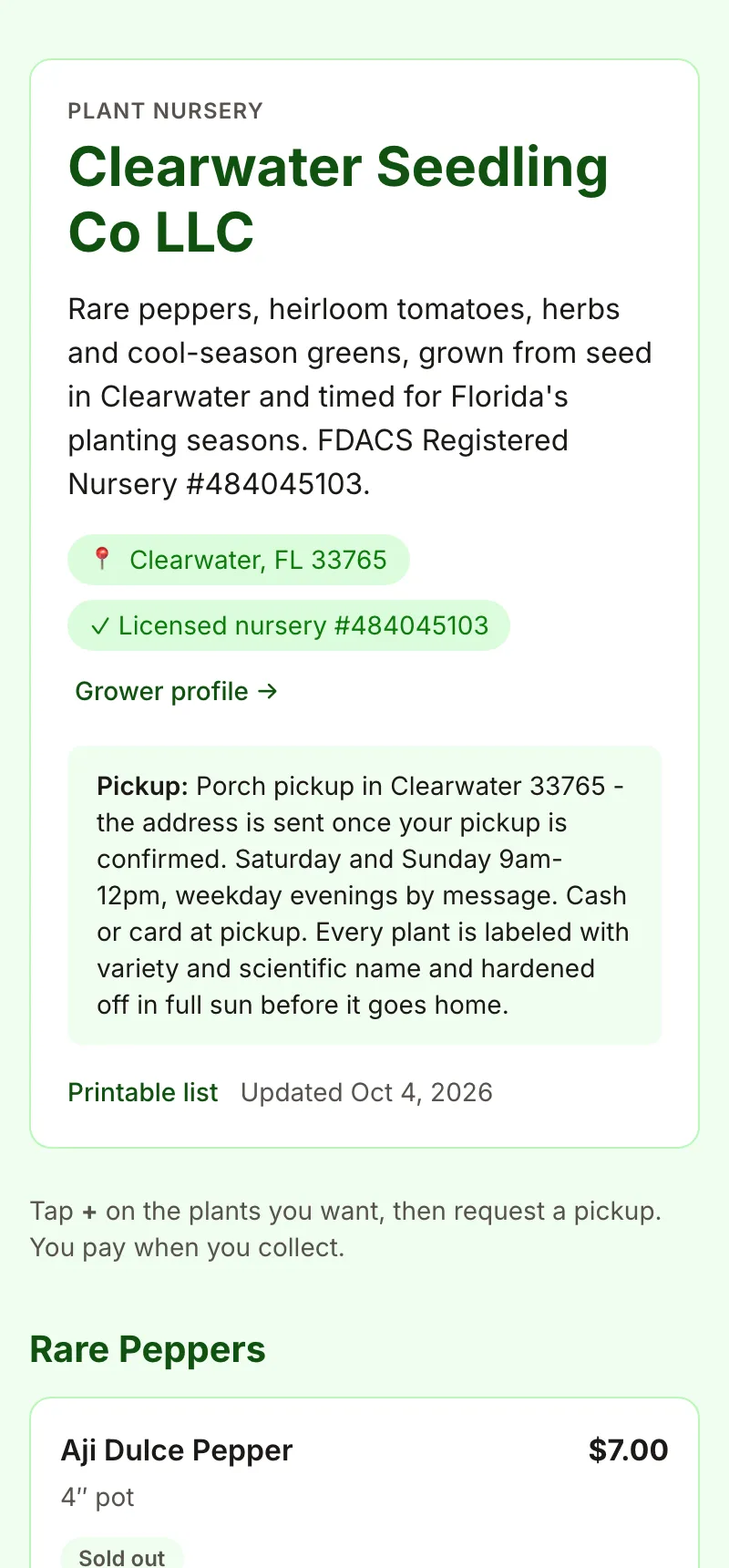 Clearwater Seedling Co's storefront on a phone: nursery name, blurb, location and license badges, and pickup instructions.