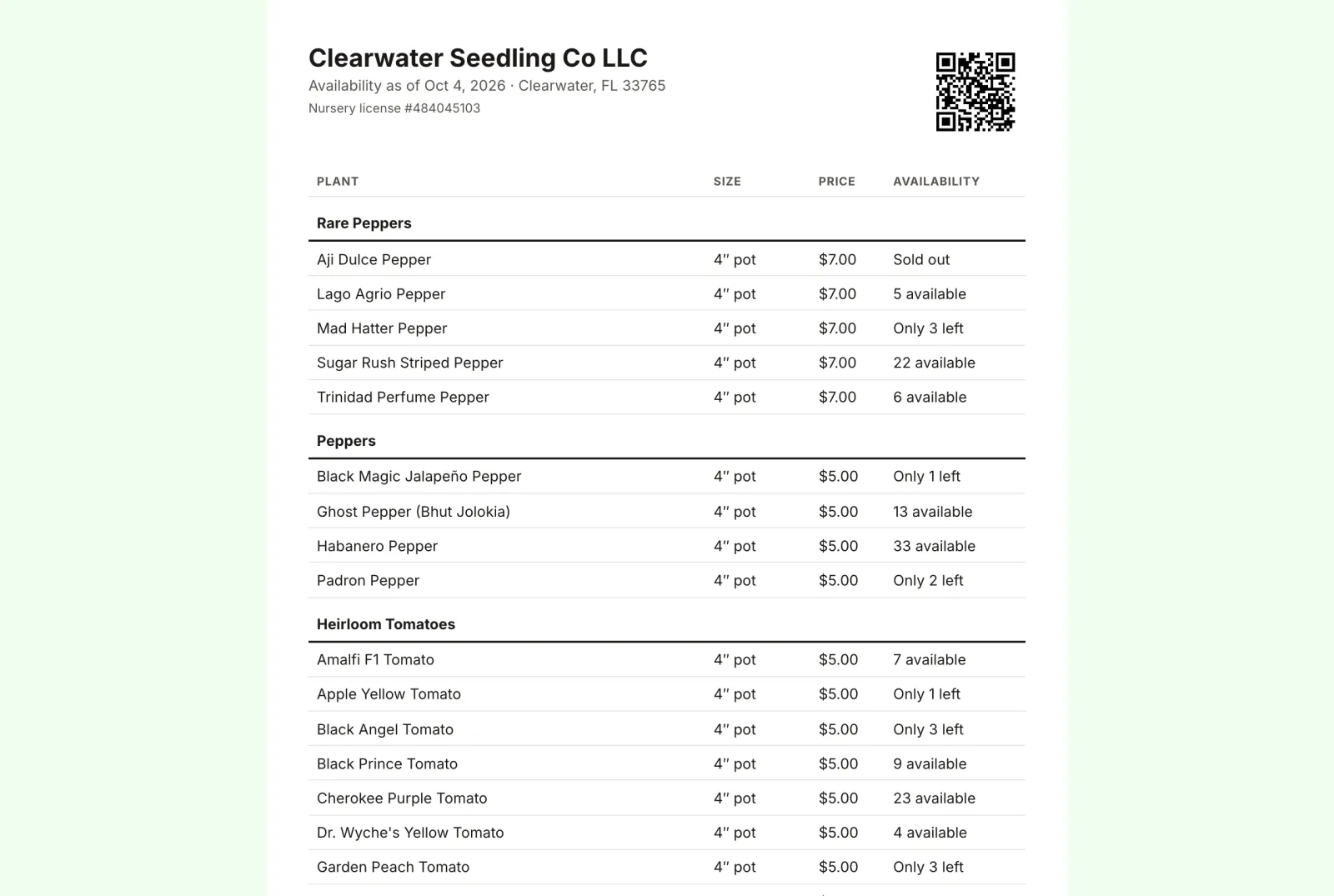 Printable availability list for Clearwater Seedling Co: a table of plants grouped by category with size, price and availability, plus a QR code to the live page.
