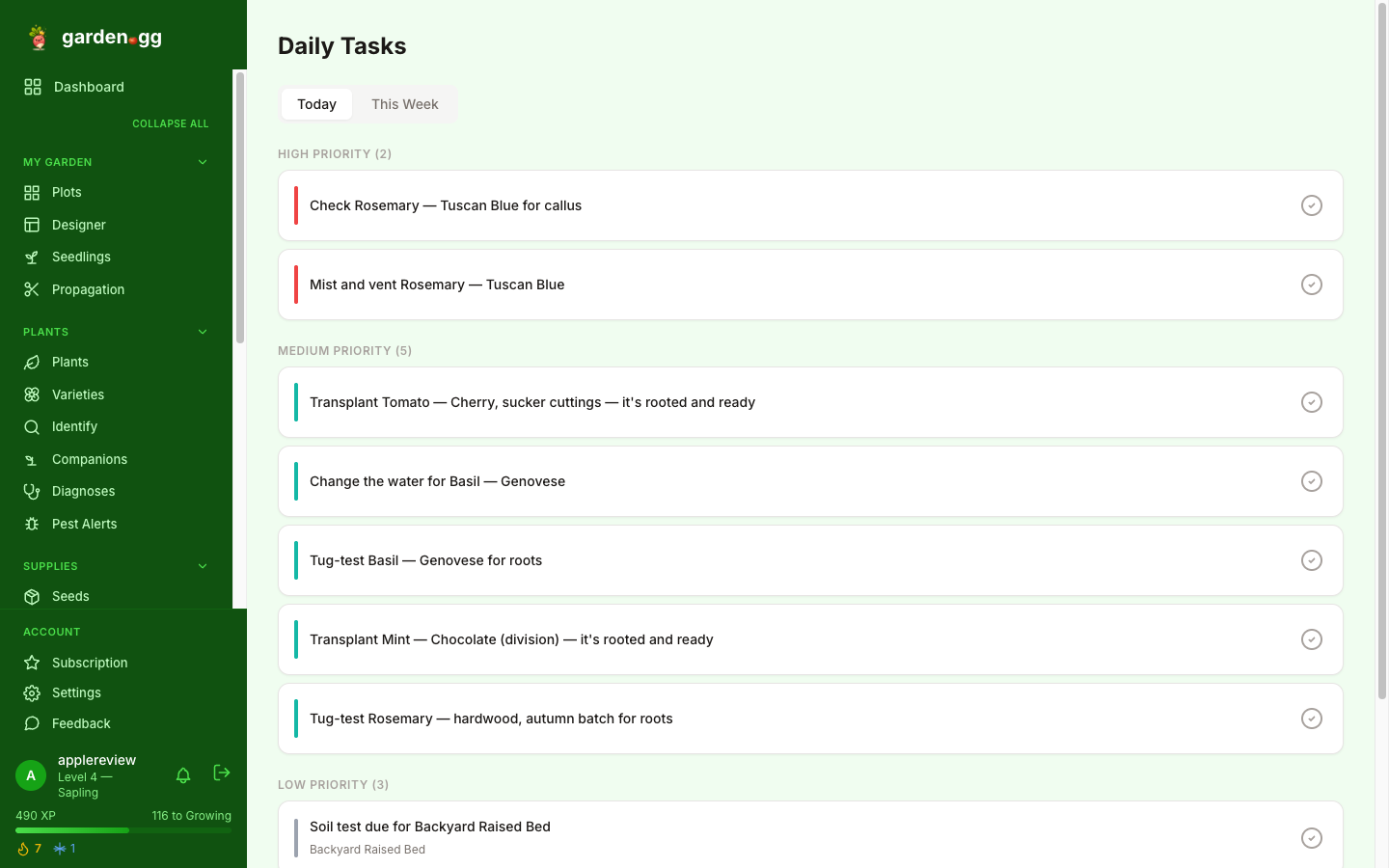 The daily task list showing propagation checks, water changes and a soil test grouped by priority