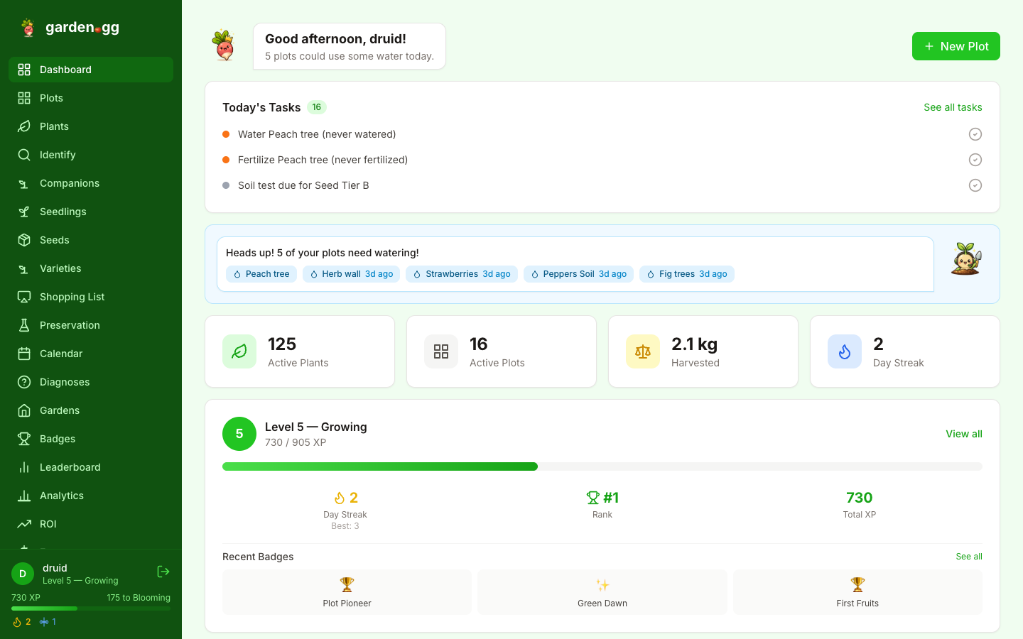 Garden.gg Dashboard — plots, harvest stats, XP level, and daily tasks at a glance