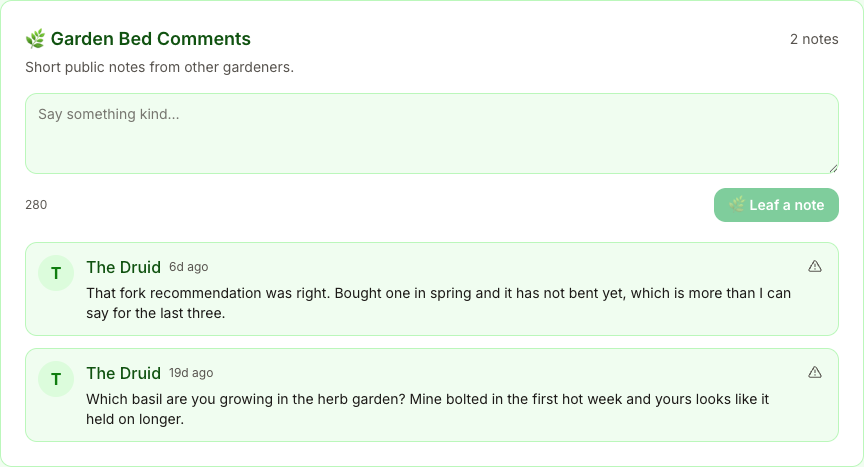 The Garden Bed guestbook on a public profile with two notes from another gardener and a composer