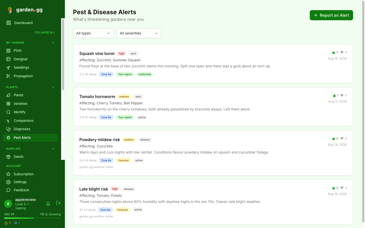 Pest and disease alerts near a garden, mixing community reports with forecast-driven warnings