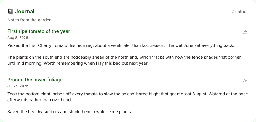 Two published journal entries on a public garden profile, each dated and tied to a plot