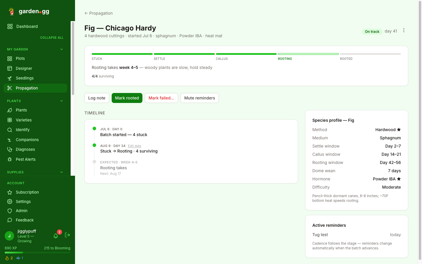 A propagation batch detail page for Fig Chicago Hardy on day 41, showing the stage progress bar, event timeline, species profile windows, and active reminders